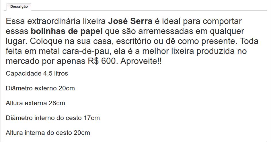 Descrição da lixeira José Serra