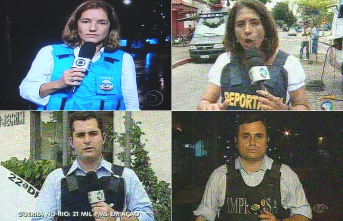 Repórteres de televisão com coletes à prova de balas