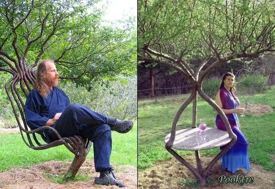 Árvores em forma de cadeiras e mesas de jardim