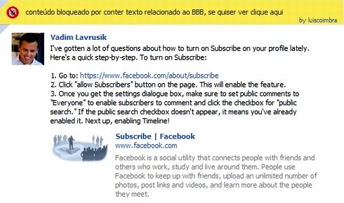 Bloqueio do conteúdo do BBB no Facebook Facebook - bloqueio de conteúdo do BBB