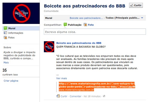 Boicote a patrocinadores do BBB no Facebook