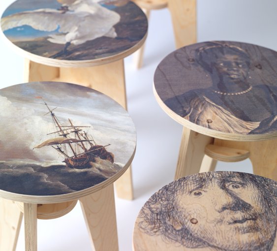 Tamboretes com assentos decorados Banquinhos com pinturas clássicas
