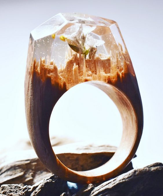 Joia de resina cristal Anel de madeira com resina