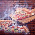Painel mural 3D pintado com airbrush numa parede de pizzaria