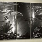 Paisagem submarina abstrata em painel holográfico de metal