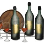Painel 3D com tonel, garrafas e taças de vinho para bar e adega