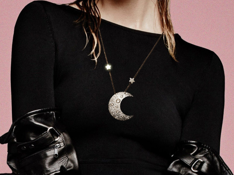 Pingente meia-lua para cordão com estrelas Lua quatro-crescente de pewter para colar