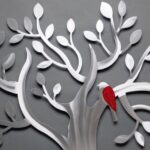 Árvore da Vida com passarinho em painel de metal escovado