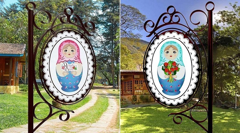 Placa com pintura artística dupla face em poste de metal para jardim